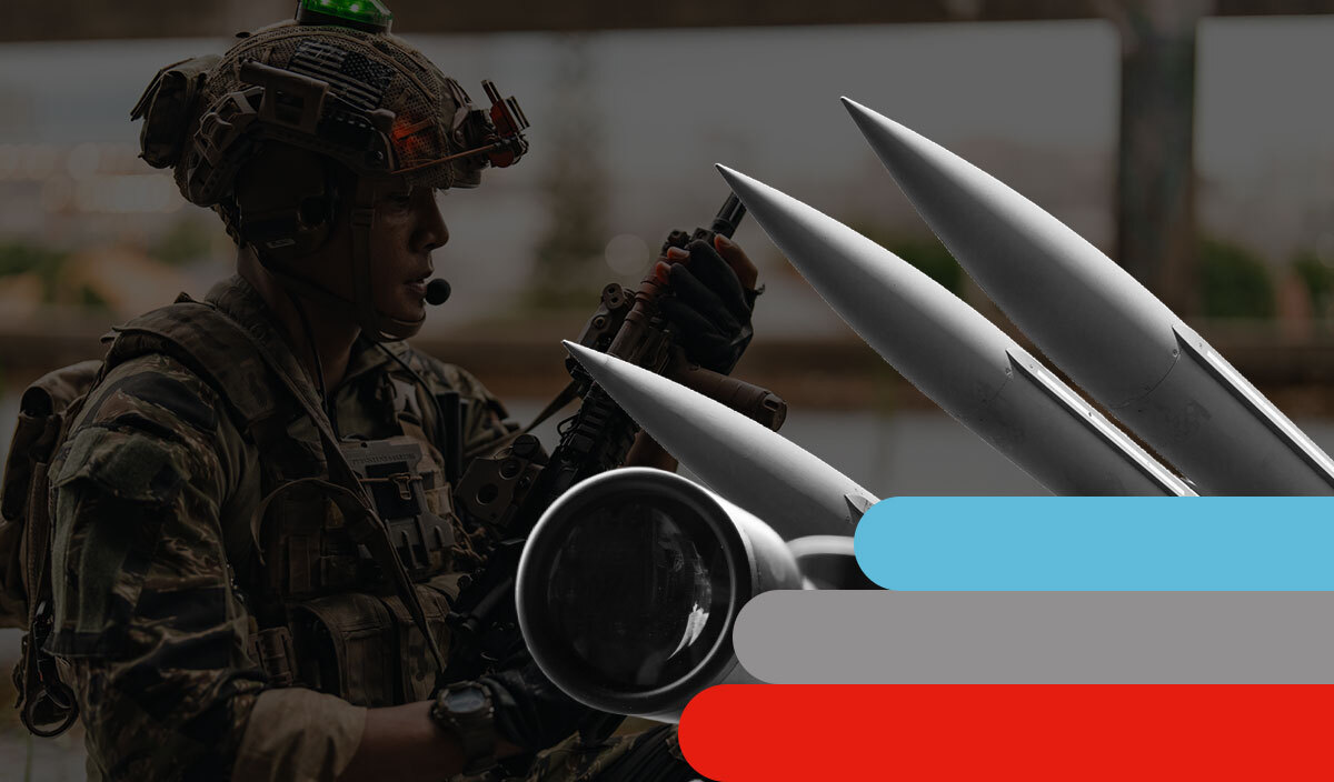 Image of soldier and a missile array showing applications for advanced materials in the defense industry